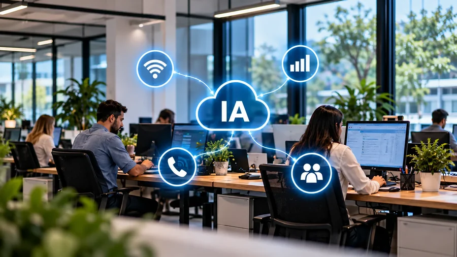 Escritório de uma PME com Wi-Fi, telefone e equipa ligados a um ícone de inteligência artificial na nuvem