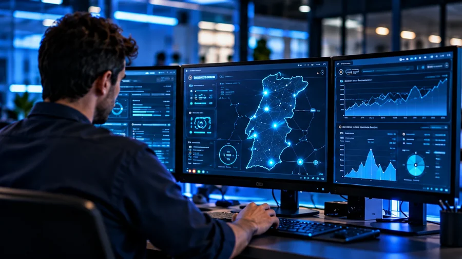 Técnico a acompanhar o estado da rede num painel com o mapa de Portugal e gráficos de tráfego