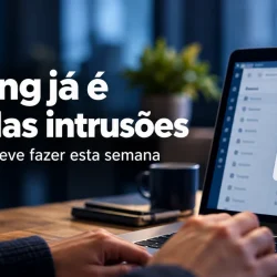 Portátil com um aviso de phishing no ecrã e um anzol, sobre phishing nas PME