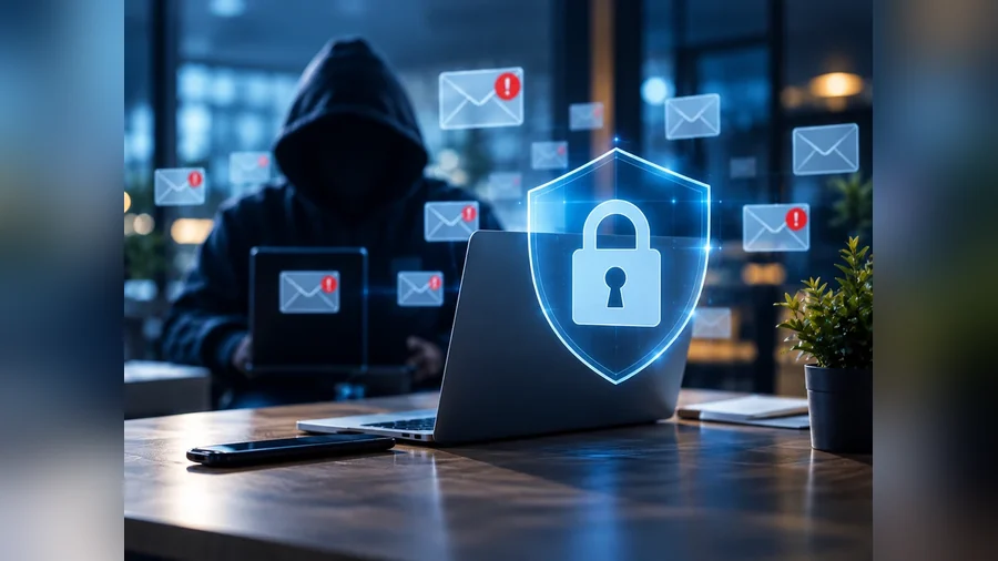 Escudo de segurança com cadeado sobre um portátil, rodeado de emails de phishing