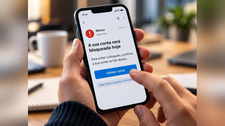Email falso do banco no telemóvel a pedir para validar a conta, um caso típico de phishing nas PME
