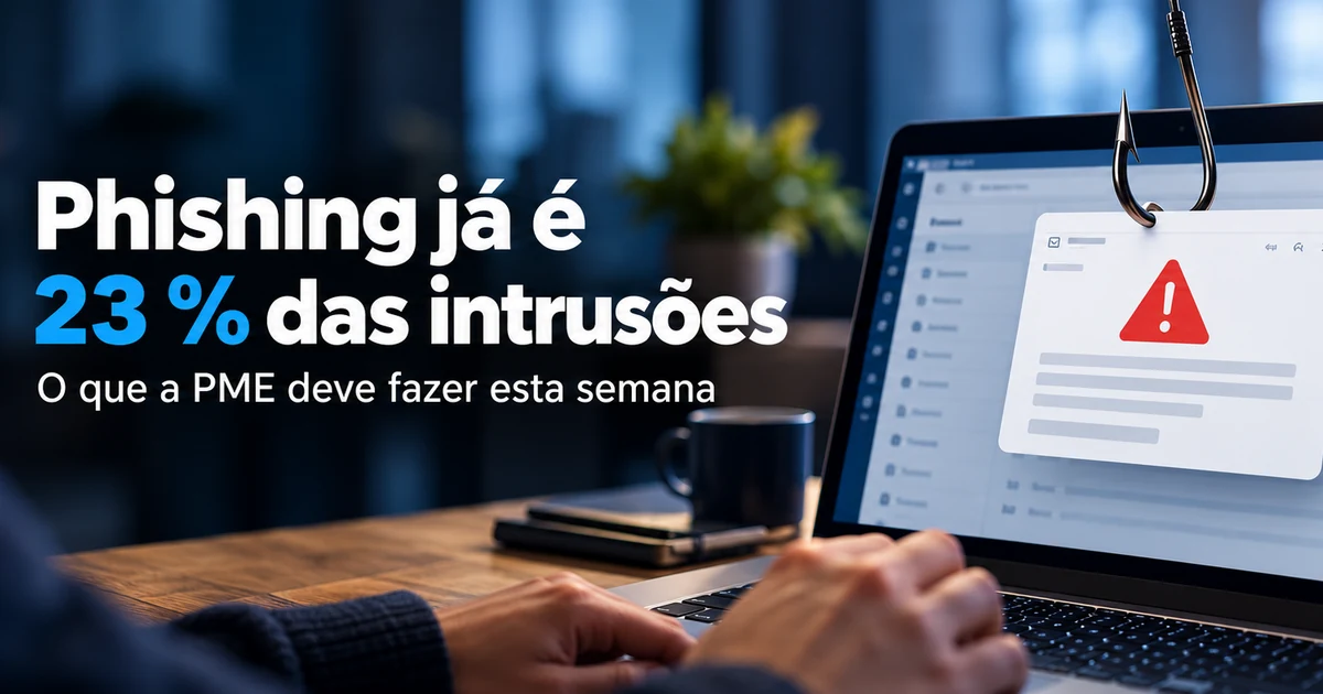 Portátil com um aviso de phishing no ecrã e um anzol, sobre phishing nas PME