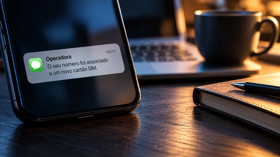 Telemóvel com uma mensagem da operadora a avisar que o número foi associado a um novo cartão SIM