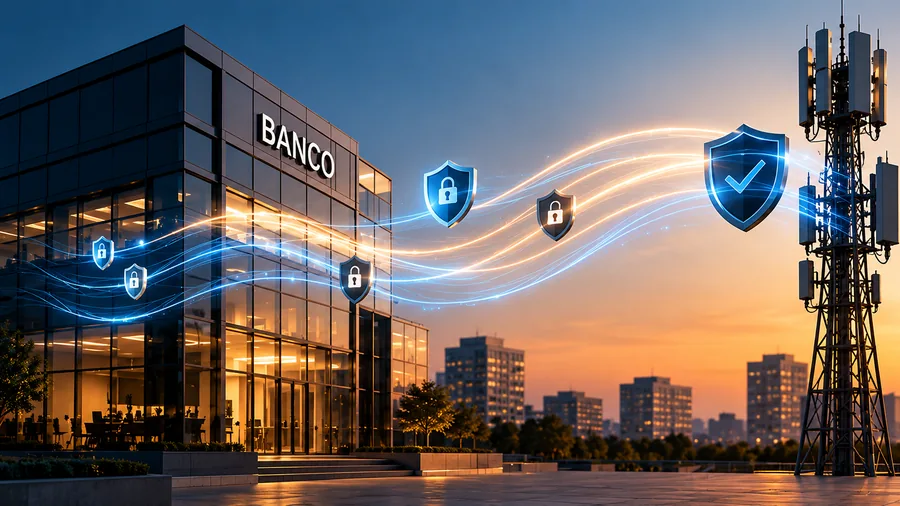 Edifício de um banco e antena de rede móvel ligados por escudos de segurança, a ilustrar as APIs antifraude
