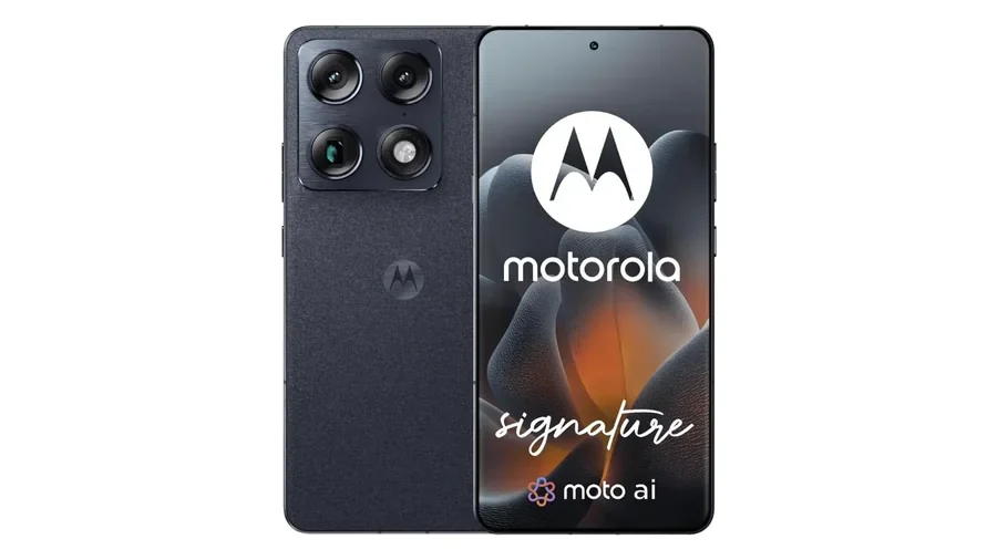 Motorola Signature 5G em tom escuro, visto de trás e de frente