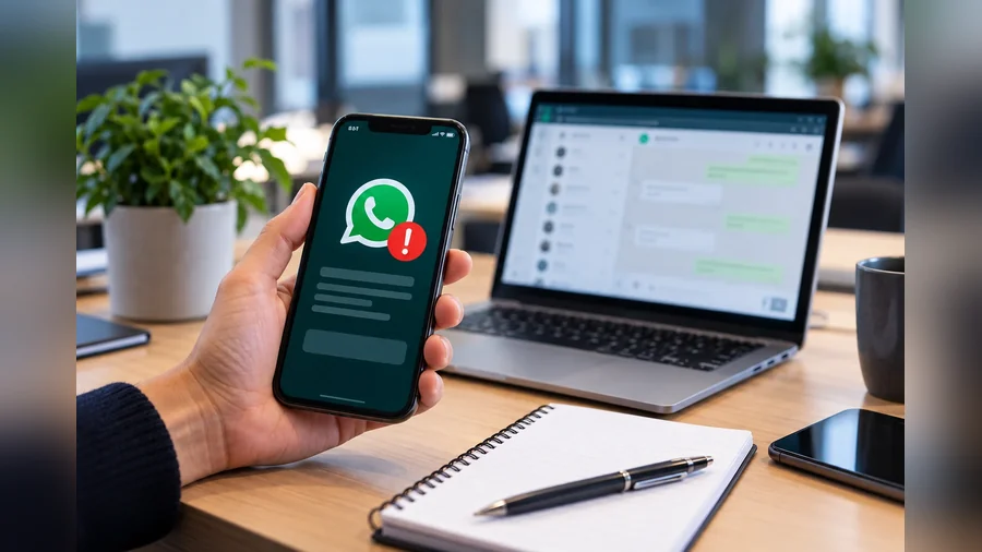 Mão a segurar um telemóvel com um aviso do WhatsApp, junto a um portátil e um bloco de notas