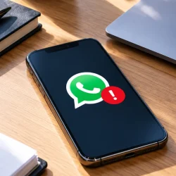 O WhatsApp bloqueia telemóveis desatualizados: aviso de alerta no ecrã de um telemóvel sobre uma secretária de escritório