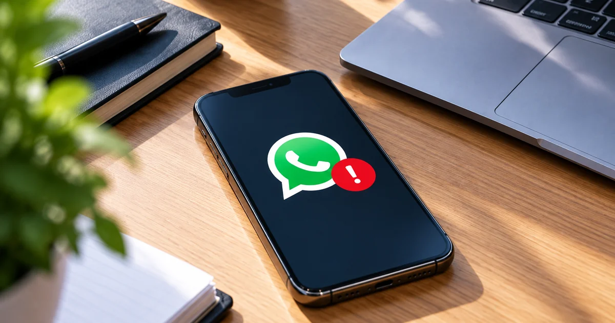 O WhatsApp bloqueia telemóveis desatualizados: aviso de alerta no ecrã de um telemóvel sobre uma secretária de escritório