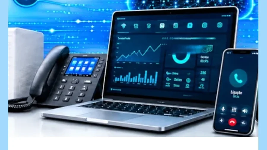 Router, telefone de secretária, portátil e telemóvel numa bancada, ligados à rede da empresa
