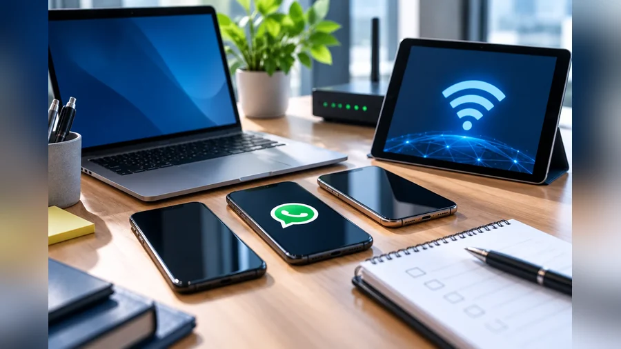 Secretária com portátil, router, tablet e vários telemóveis, um deles com o WhatsApp aberto, ao lado de um bloco de notas