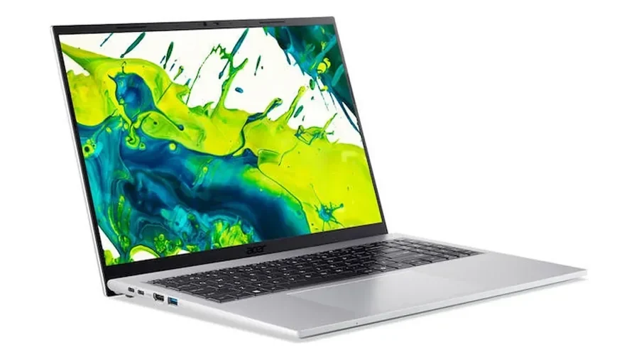 Portátil Acer Aspire Go prateado, aberto, com um fundo colorido no ecrã