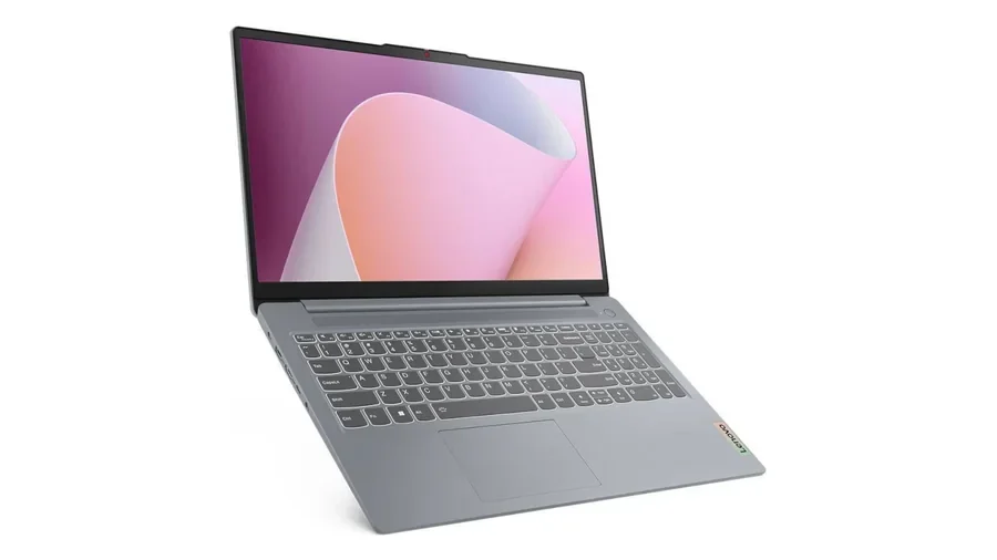 Portátil Lenovo IdeaPad Slim 3 cinzento, aberto e visto de lado